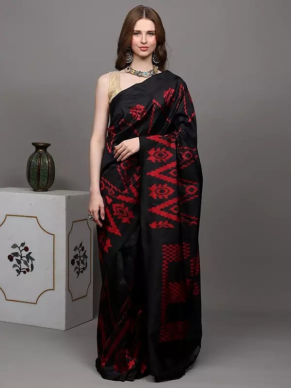 exotic india Jet-Black Pure Silk Handloom Saree from Pochampally with Single Ikat Weave 