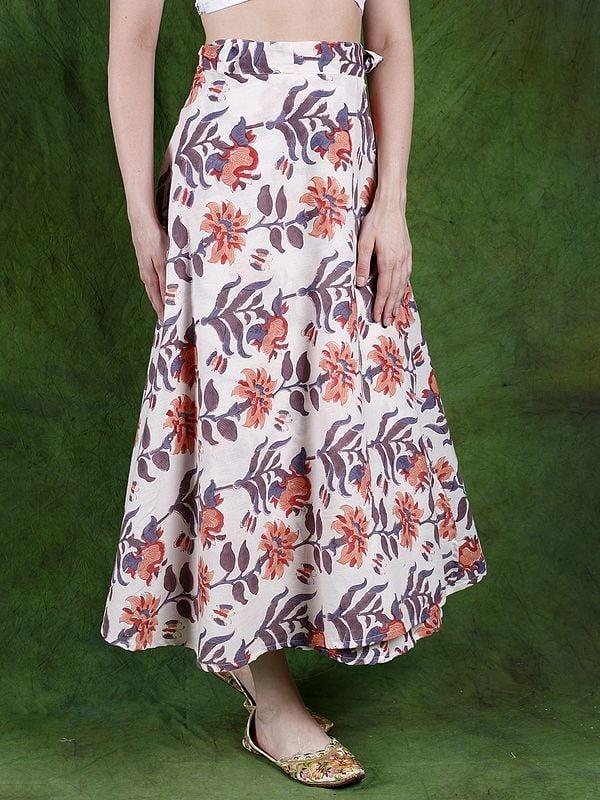 Exotic India Jet-Stream Wrap-On Long Skirt With Block-Printed Flowers 