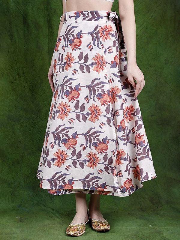Exotic India Jet-Stream Wrap-On Long Skirt With Block-Printed Flowers 