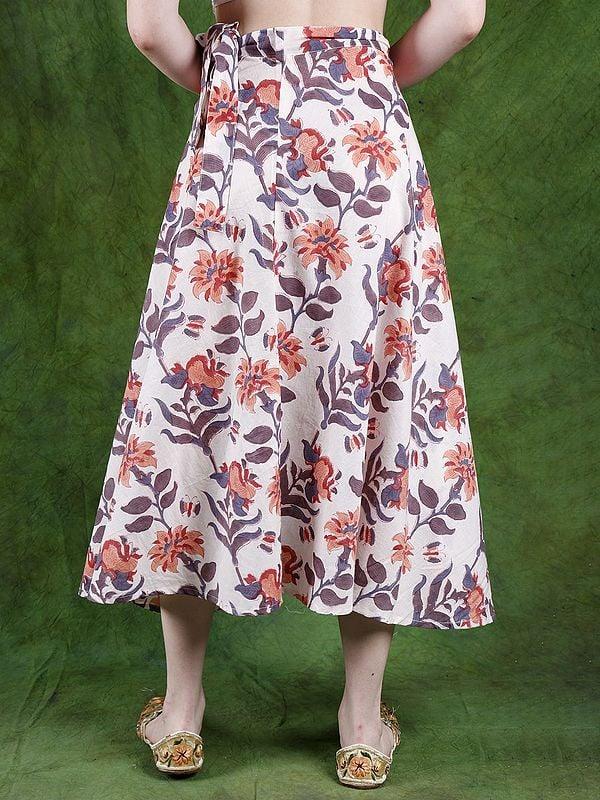 Exotic India Jet-Stream Wrap-On Long Skirt With Block-Printed Flowers 