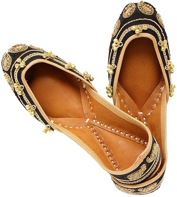 exotic india Jootis with Zardozi Embroidered Paisleys and Ghungaroos