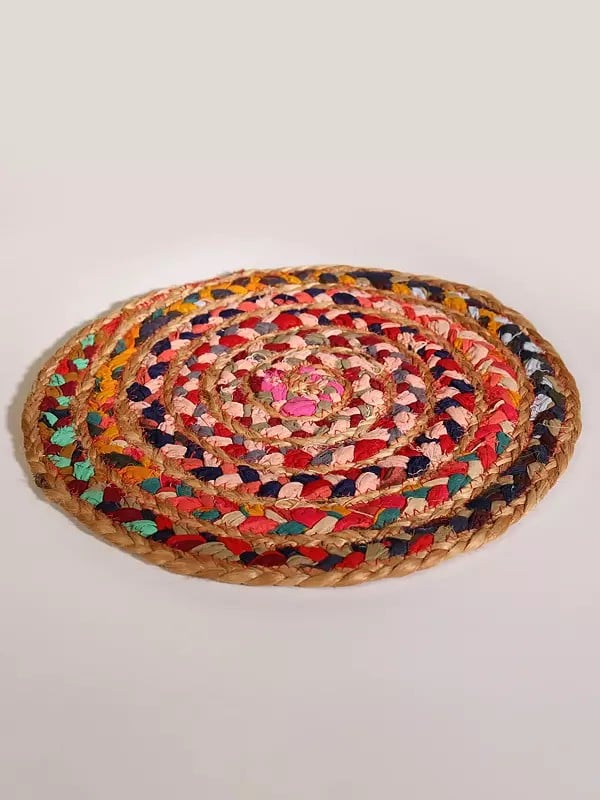 Exotic India Jute And Cotton Multicolor Hand Braided Round Mat 