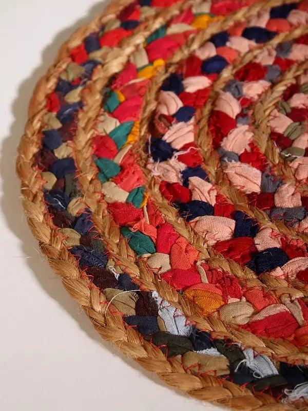 Exotic India Jute And Cotton Multicolor Hand Braided Round Mat 