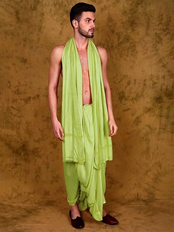 Exotic India Jute Fiber Dhoti And Angavastram Set With Woven Border From Varanasi 
