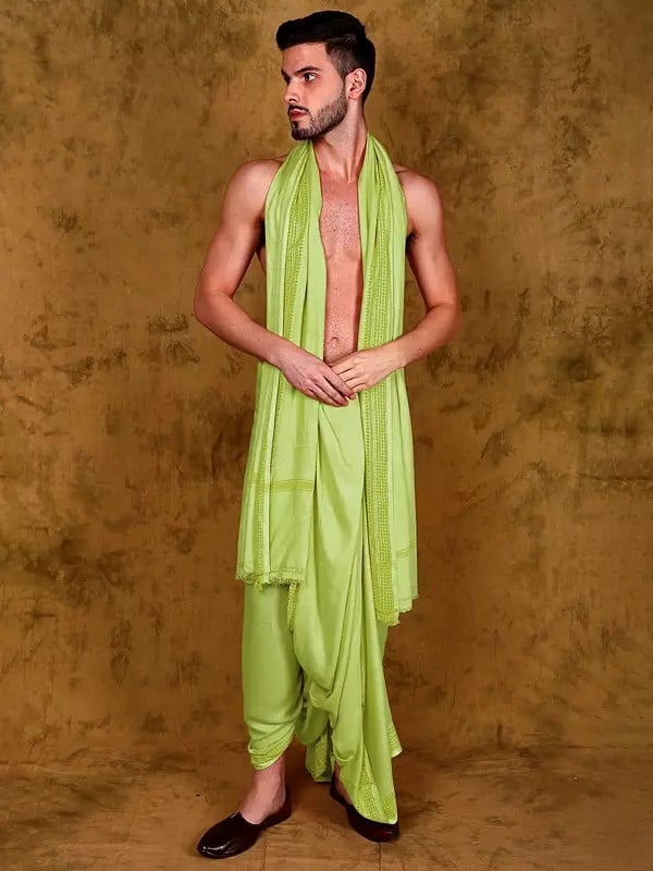 Exotic India Jute Fiber Dhoti And Angavastram Set With Woven Border From Varanasi 