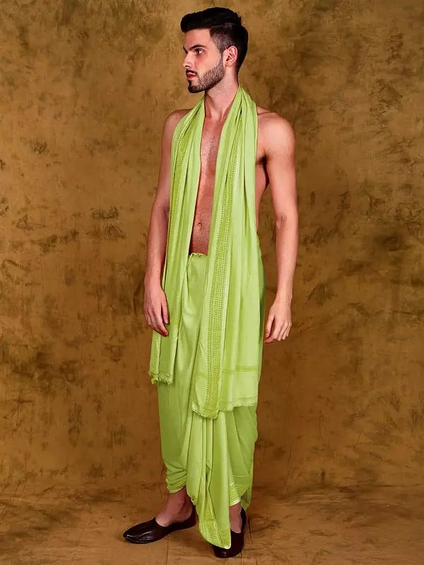Exotic India Jute Fiber Dhoti And Angavastram Set With Woven Border From Varanasi 