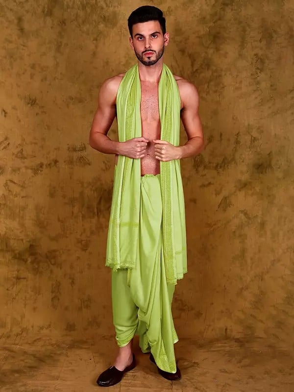 exotic india Jute Fiber Dhoti and Angavastram Set with Woven Border from Varanasi 