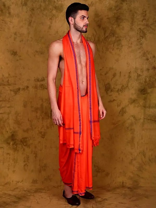 Exotic India Jute Fiber Dhoti With Angavastram Set And Thread Woven Border From Varanasi 