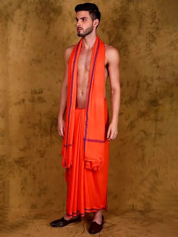 Exotic India Jute Fiber Dhoti With Angavastram Set And Thread Woven Border From Varanasi 