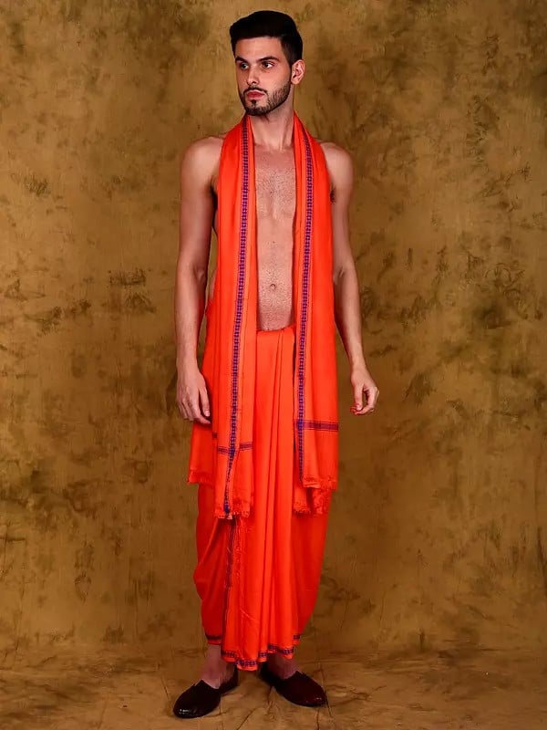 exotic india Jute Fiber Dhoti with Angavastram Set and Thread Woven Border from Varanasi 