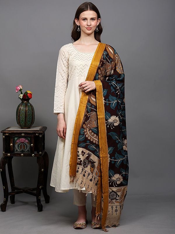 Exotic India Kalamkari Dupatta From Telangana With Printed Peacock-Floral Leaf And Zari Border 