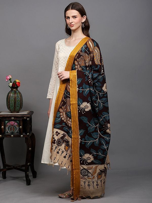 Exotic India Kalamkari Dupatta From Telangana With Printed Peacock-Floral Leaf And Zari Border 