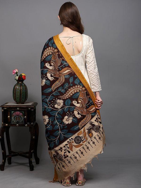 Exotic India Kalamkari Dupatta From Telangana With Printed Peacock-Floral Leaf And Zari Border 