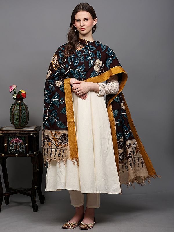 exotic india Kalamkari Dupatta from Telangana with Printed Peacock-Floral Leaf and Zari Border 