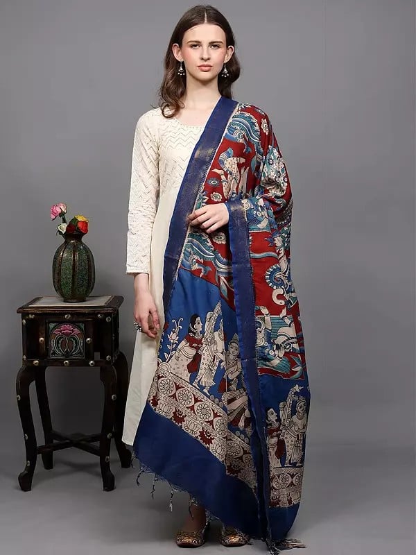 Exotic India Kalamkari Dupatta With Printed Winged Apsara And Musicians From Telangana 