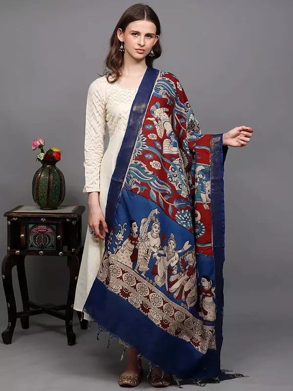 Exotic India Kalamkari Dupatta With Printed Winged Apsara And Musicians From Telangana 