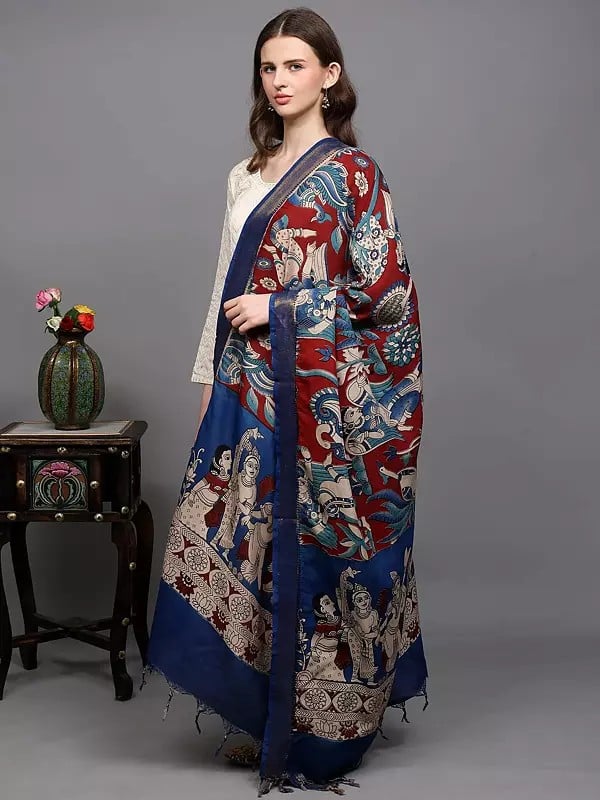 Exotic India Kalamkari Dupatta With Printed Winged Apsara And Musicians From Telangana 