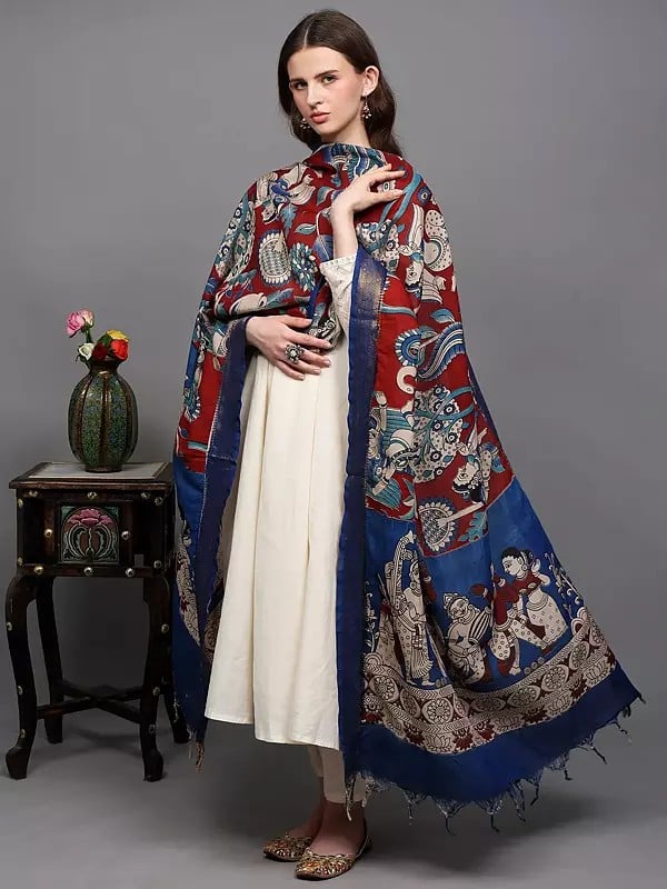 exotic india Kalamkari Dupatta with Printed Winged Apsara and Musicians from Telangana 