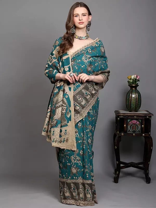 Exotic India Kalamkari Saree From Telangana With Printed Warli Folk Art Motifs And Peacock-Elephant On Anchal 