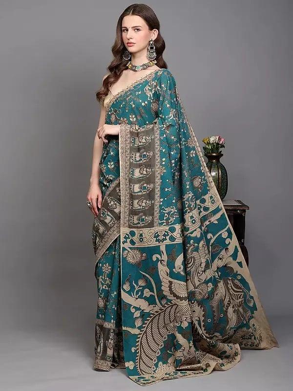 Exotic India Kalamkari Saree From Telangana With Printed Warli Folk Art Motifs And Peacock-Elephant On Anchal 