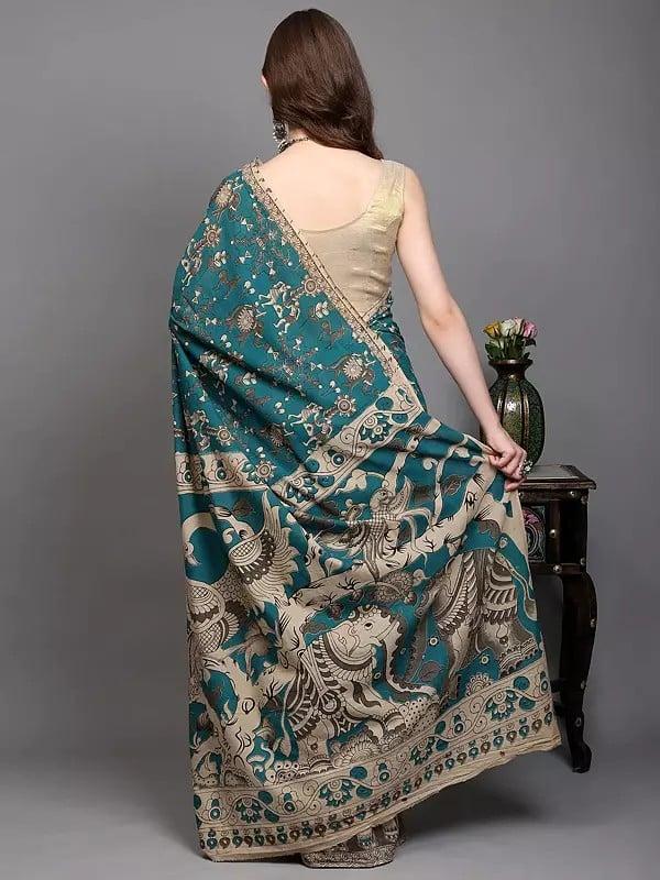 Exotic India Kalamkari Saree From Telangana With Printed Warli Folk Art Motifs And Peacock-Elephant On Anchal 
