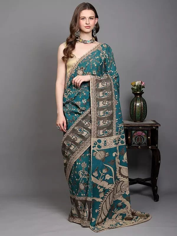 exotic india Kalamkari Saree from Telangana with Printed Warli Folk Art Motifs and Peacock-Elephant on Anchal 