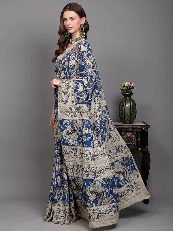 Exotic India Kalamkari Saree With Printed Jungle Scene And Nandi Ox Border From Telangana 
