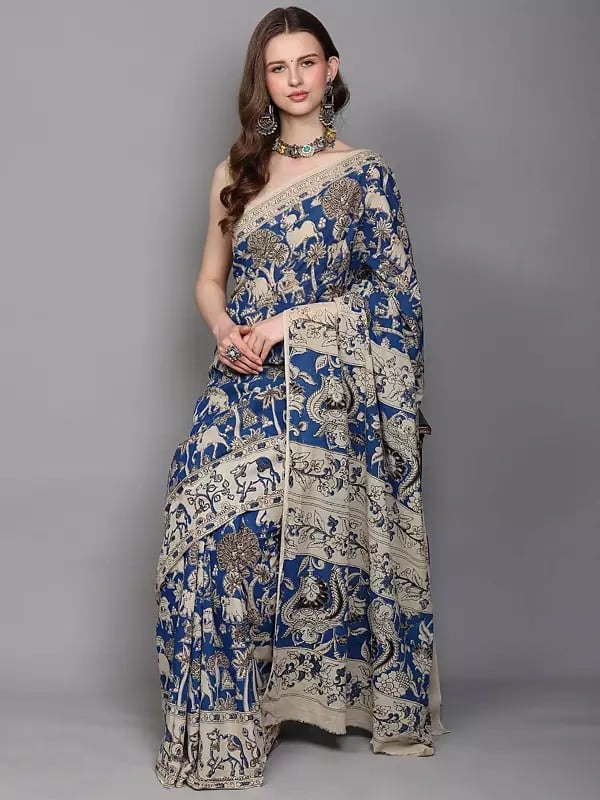 Exotic India Kalamkari Saree With Printed Jungle Scene And Nandi Ox Border From Telangana 