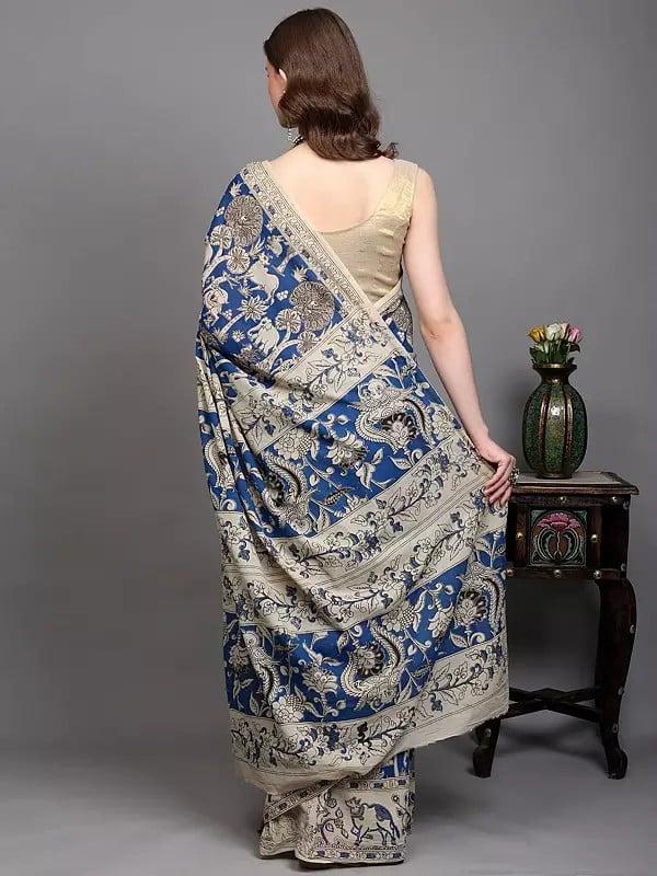 Exotic India Kalamkari Saree With Printed Jungle Scene And Nandi Ox Border From Telangana 