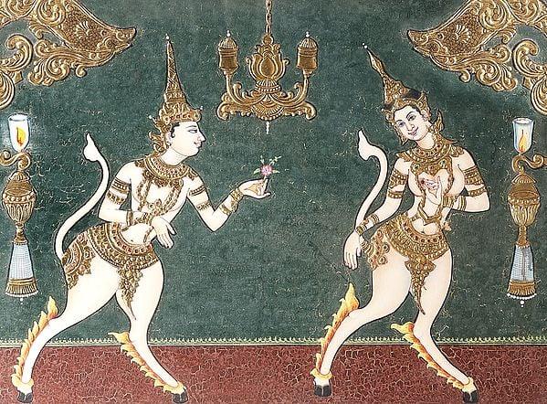 Exotic India Kamadeva And Rati Tanjore Painting | Traditional Colors With 24K Gold | Teakwood Frame | Gold & Wood | Handmade | Made In India