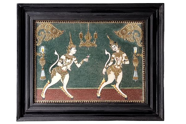 exotic india Kamadeva and Rati Tanjore Painting | Traditional Colors With 24K Gold | Teakwood Frame | Gold & Wood | Handmade | Made In India