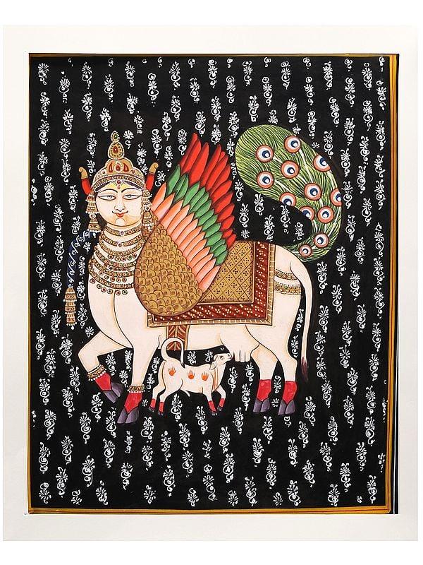 exotic india Kamadhenu cow and Calf Painting | Watercolor on Paper