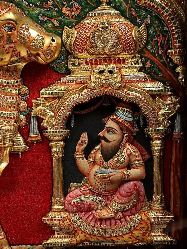 Exotic India Kamadhenu Cow With Vashist Muni Tanjore Painting With 22 Karat Gold Embossed Work | With Burma Teak Frame