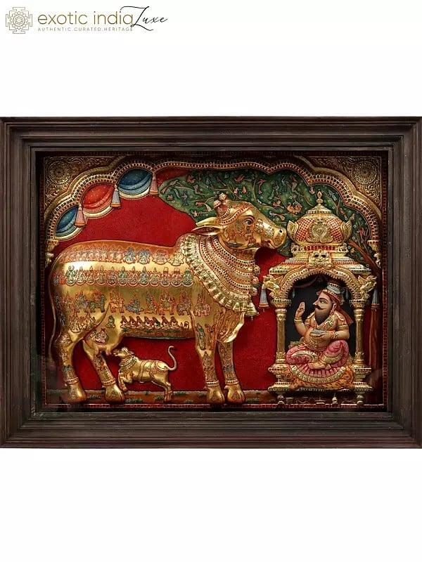 exotic india Kamadhenu Cow With Vashist Muni Tanjore Painting with 22 Karat Gold Embossed Work | With Burma Teak Frame 