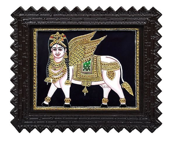 exotic india Kamadhenu - The Wish Fulfiling Cow Tanjore Painting | Traditional Colors With 24K Gold | Teakwood Frame | Gold & Wood | Handmade | Made In India 