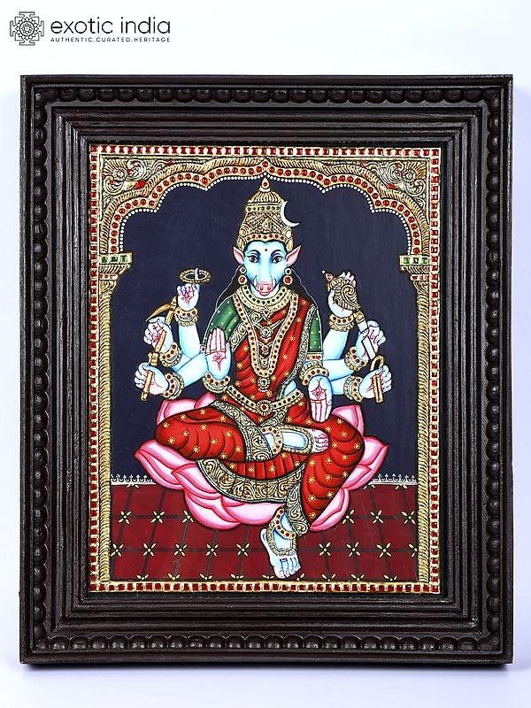 exotic india Kamalasini Goddess Varahi | 24 Karat Gold Work | Framed Tanjore Painting 