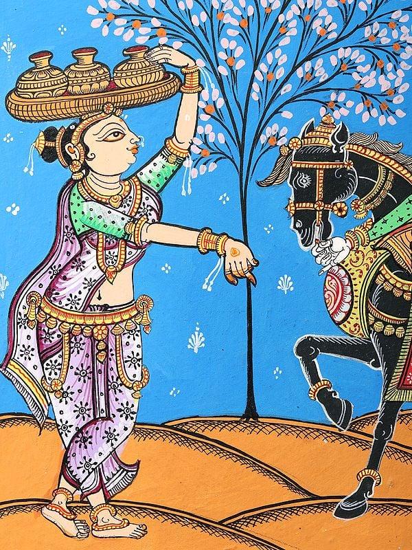 Exotic India Kanchi Abhijan (Jagannath Baladev And Gajapati King With Milkmaid Manika) | Patachitra Painting