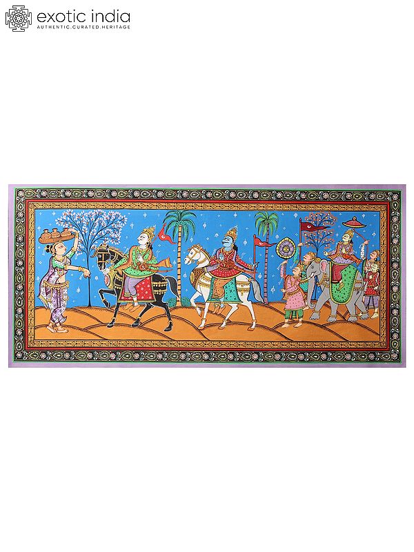exotic india Kanchi Abhijan (Jagannath Baladev and Gajapati King with Milkmaid Manika) | Patachitra Painting