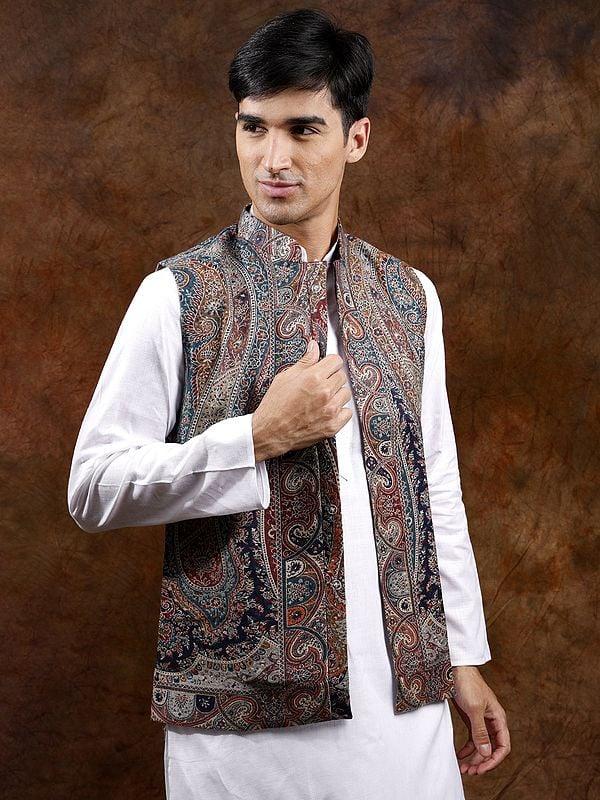 Exotic India Kani Jamawar Nehru Jacket With Woven Paiselys And Flowers 