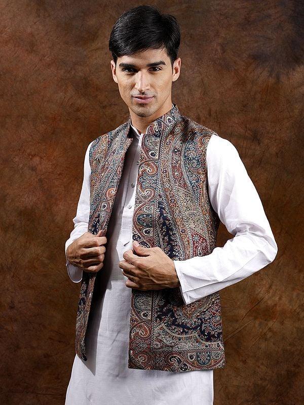 Exotic India Kani Jamawar Nehru Jacket With Woven Paiselys And Flowers 