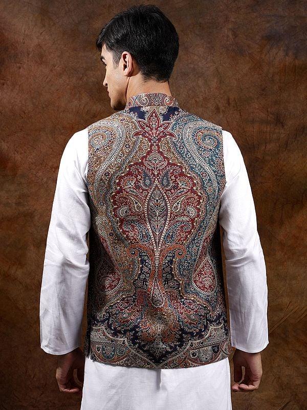 Exotic India Kani Jamawar Nehru Jacket With Woven Paiselys And Flowers 