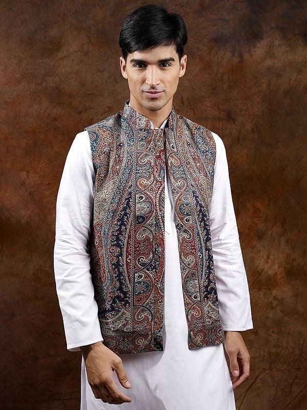 exotic india Kani Jamawar Nehru Jacket with Woven Paiselys and Flowers 