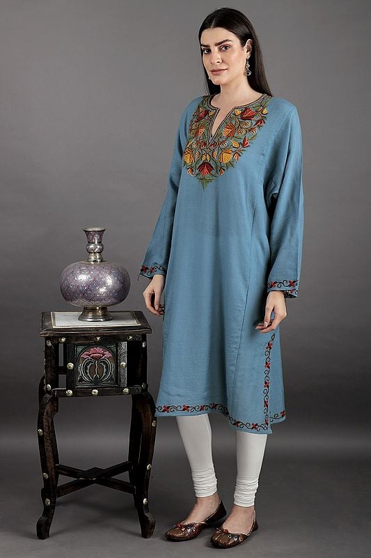 Exotic India Kashmiri Phiran With Aari Hand-Embroidery On Neck 