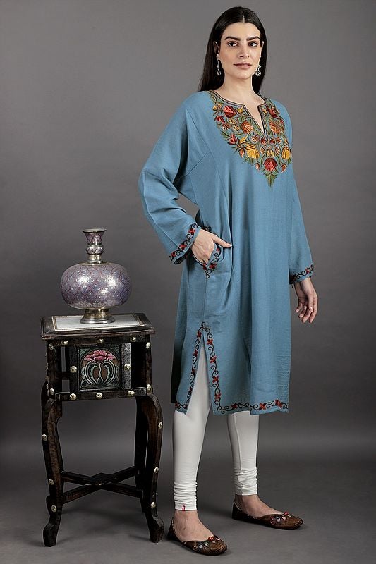 Exotic India Kashmiri Phiran With Aari Hand-Embroidery On Neck 