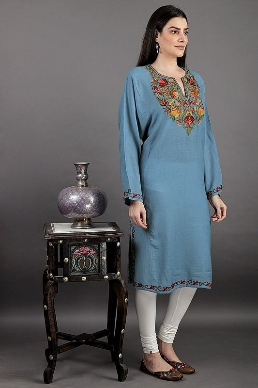 Exotic India Kashmiri Phiran With Aari Hand-Embroidery On Neck 