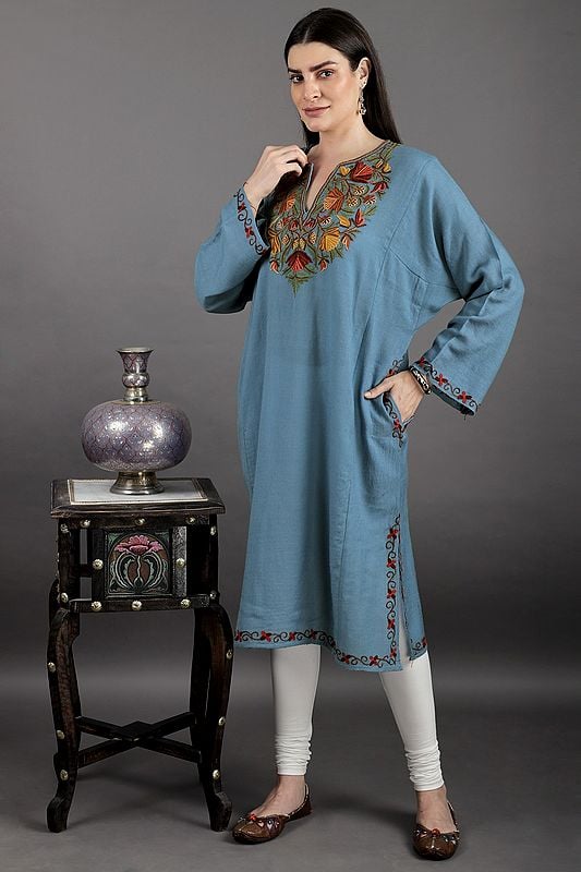 exotic india Kashmiri Phiran with Aari Hand-Embroidery on Neck 