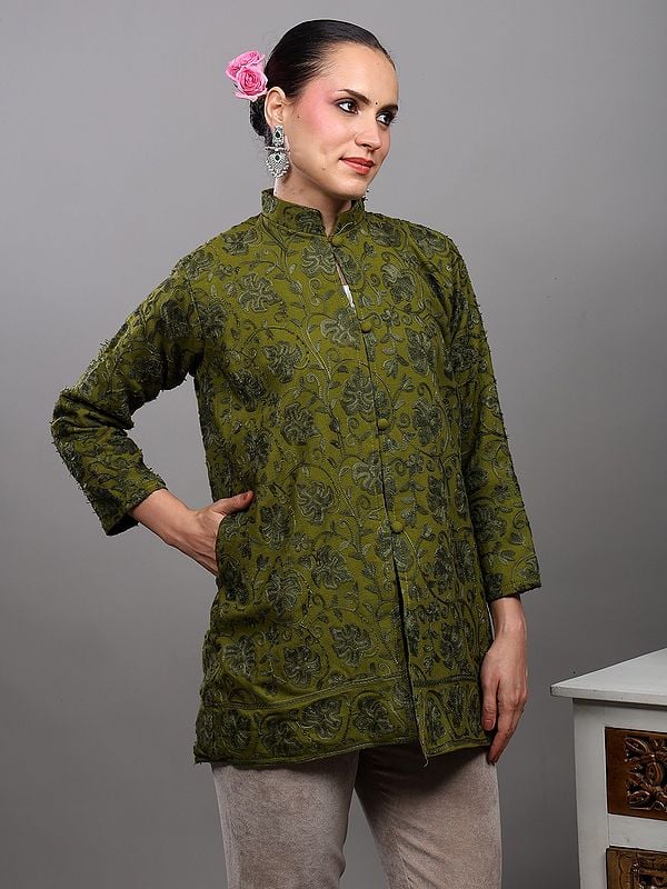 Exotic India Kashmiri Short Jacket With Aari Embroidered Maple Leaves On All-over 