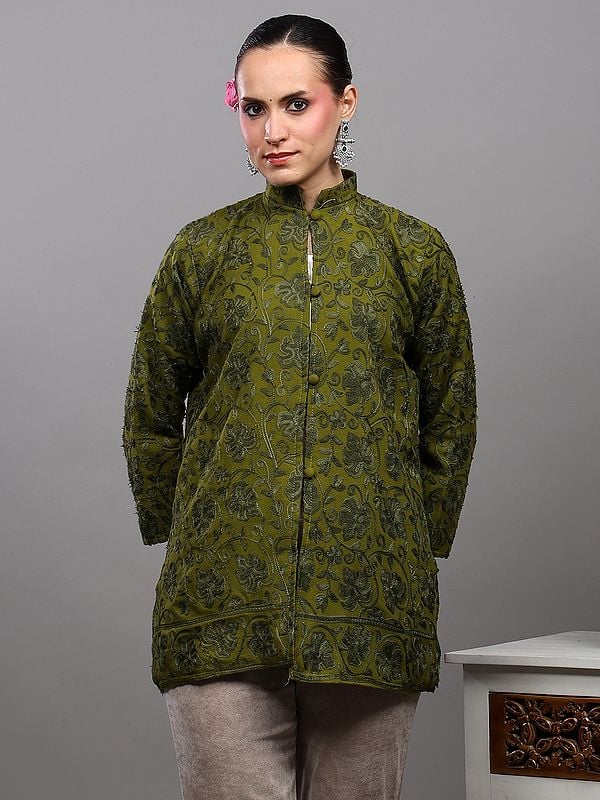 Exotic India Kashmiri Short Jacket With Aari Embroidered Maple Leaves On All-over 