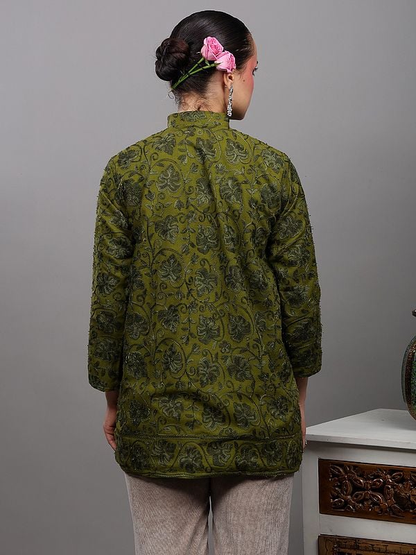 Exotic India Kashmiri Short Jacket With Aari Embroidered Maple Leaves On All-over 