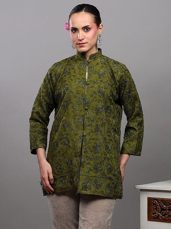 exotic india Kashmiri Short Jacket with Aari Embroidered Maple Leaves on All-over 